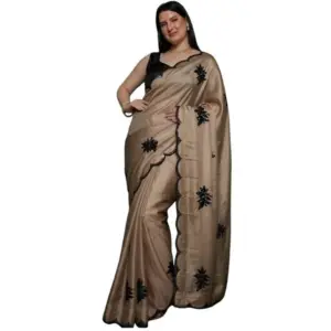 Women's Viscose Silk Embroidered Saree with Blouse – Beige
