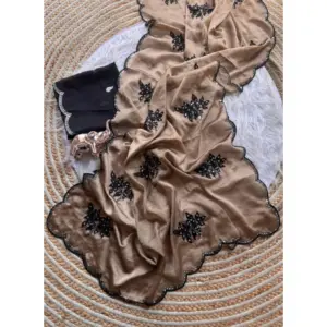 Women's Viscose Silk Embroidered Saree with Blouse – Beige