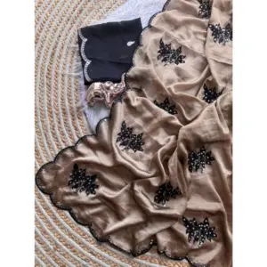 Women's Viscose Silk Embroidered Saree with Blouse – Beige