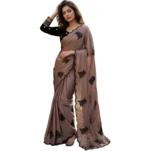 Women's Viscose Silk Embroidered Saree with Blouse – Brown