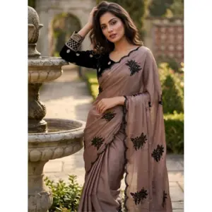 Women's Viscose Silk Embroidered Saree with Blouse – Brown