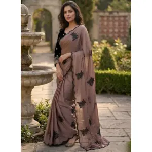 Women's Viscose Silk Embroidered Saree with Blouse – Brown