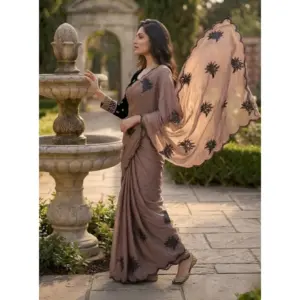 Women's Viscose Silk Embroidered Saree with Blouse – Brown