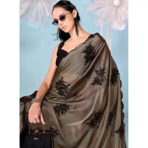 Women's Viscose Silk Embroidered Saree with Blouse – Beige