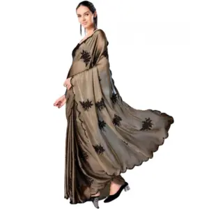 Women's Viscose Silk Embroidered Saree with Blouse – Beige