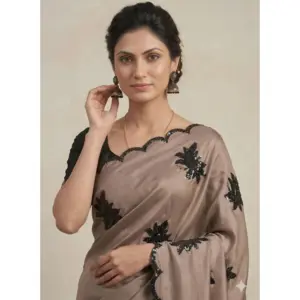 Women's Viscose Silk Embroidered Saree with Blouse – Beige