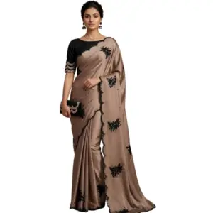Women's Viscose Silk Embroidered Saree with Blouse – Beige