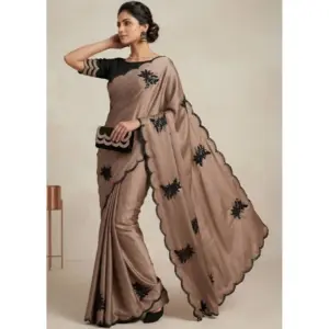 Women's Viscose Silk Embroidered Saree with Blouse – Beige