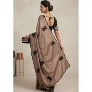 Women's Viscose Silk Embroidered Saree with Blouse – Beige