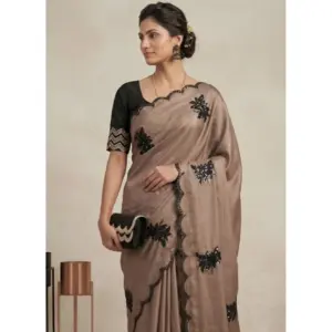 Women's Viscose Silk Embroidered Saree with Blouse – Beige