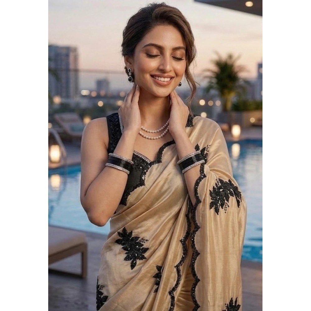 Women's Viscose Silk Embroidered Saree with Blouse – Beige