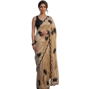 Women's Viscose Silk Embroidered Saree with Blouse – Beige