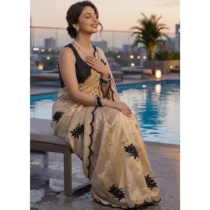 Women's Viscose Silk Embroidered Saree with Blouse – Beige