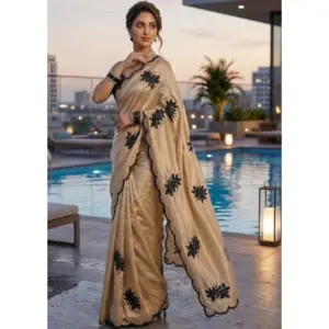 Women's Viscose Silk Embroidered Saree with Blouse – Beige