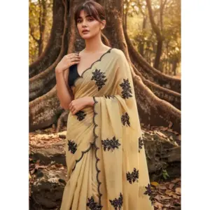 Women's Viscose Silk Embroidered Saree with Blouse – Beige