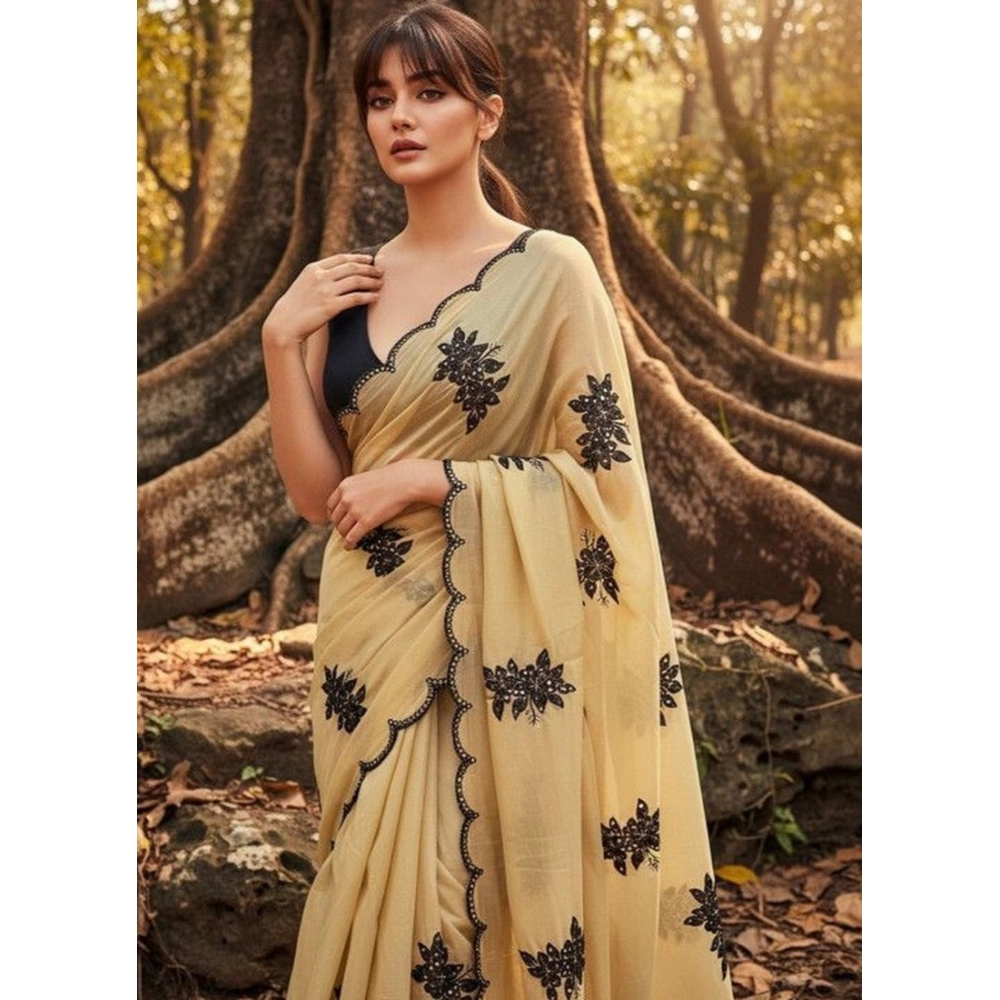 Women's Viscose Silk Embroidered Saree with Blouse – Beige