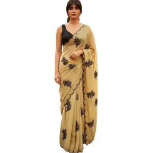 Women's Viscose Silk Embroidered Saree with Blouse – Beige