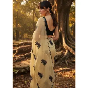 Women's Viscose Silk Embroidered Saree with Blouse – Beige