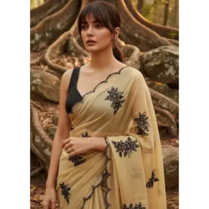 Women's Viscose Silk Embroidered Saree with Blouse – Beige