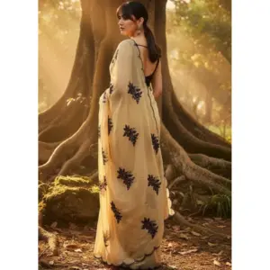 Women's Viscose Silk Embroidered Saree with Blouse – Beige