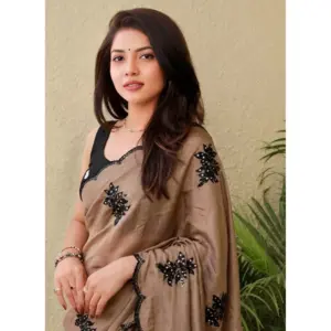 Women's Viscose Silk Embroidered Saree with Blouse – Brown