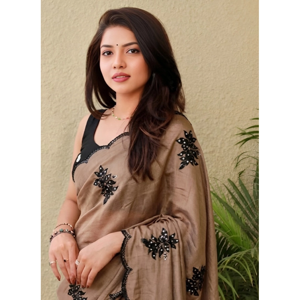 Women's Viscose Silk Embroidered Saree with Blouse – Brown