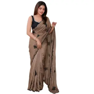 Women's Viscose Silk Embroidered Saree with Blouse – Brown