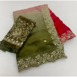 Women's Satin Embellished Saree with Blouse – Multicolor