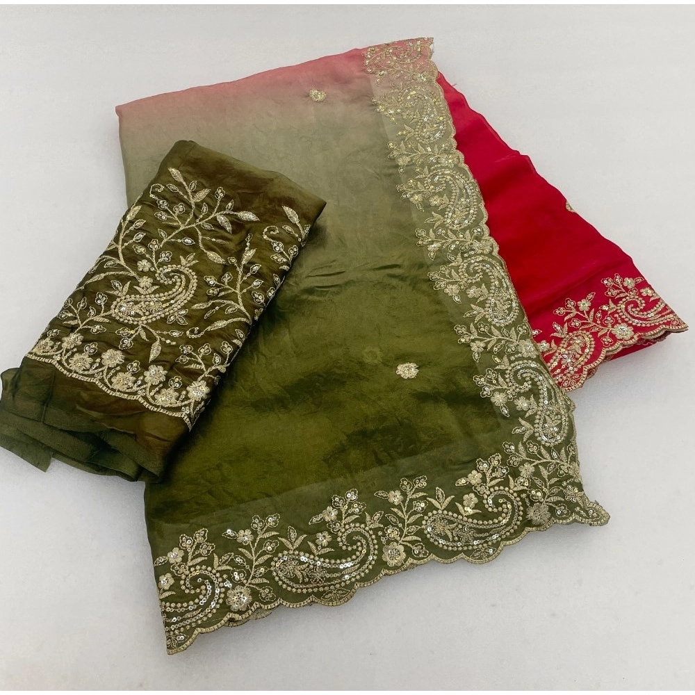 Women's Satin Embellished Saree with Blouse – Multicolor