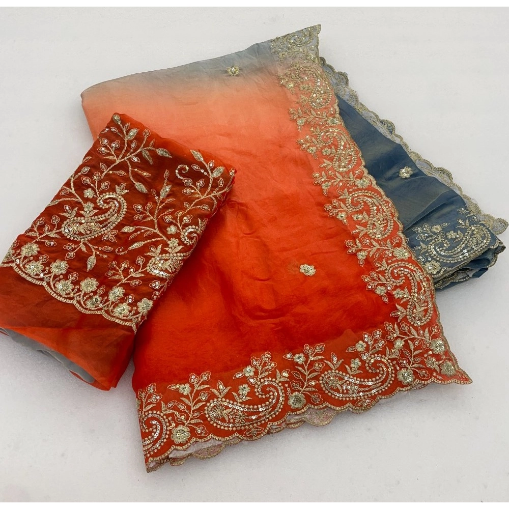 Women's Satin Embellished Saree with Blouse – Multicolor