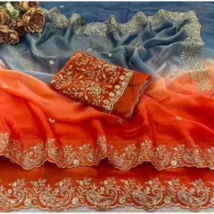 Women's Satin Embellished Saree with Blouse – Multicolor