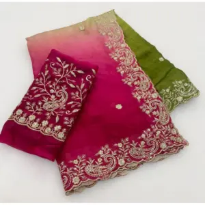 Women's Satin Embellished Saree with Blouse – Multicolor