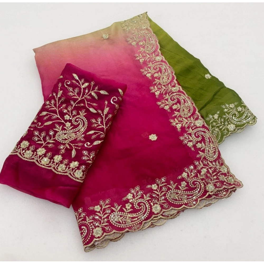 Women's Satin Embellished Saree with Blouse – Multicolor