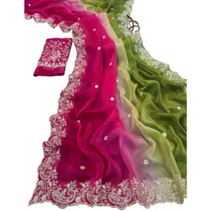 Women's Satin Embellished Saree with Blouse – Multicolor