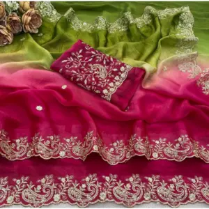 Women's Satin Embellished Saree with Blouse – Multicolor