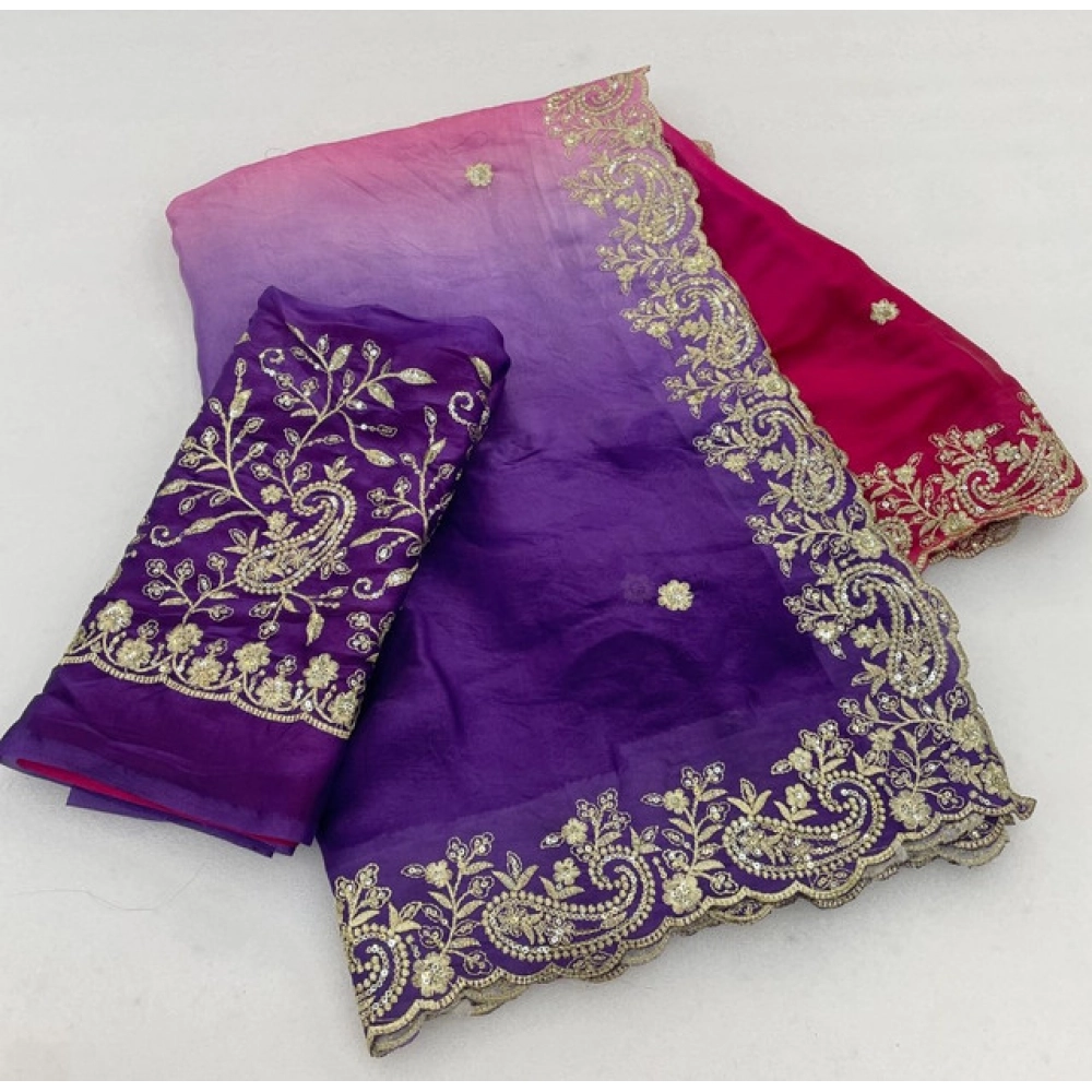 Women's Satin Embellished Saree with Blouse – Multicolor