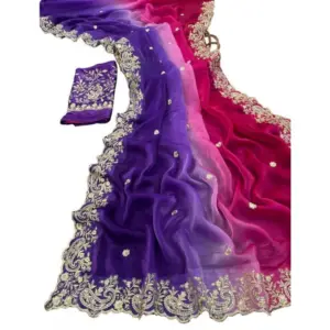 Women's Satin Embellished Saree with Blouse – Multicolor