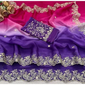 Women's Satin Embellished Saree with Blouse – Multicolor