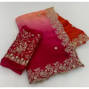 Women's Satin Embellished Saree with Blouse – Multicolor