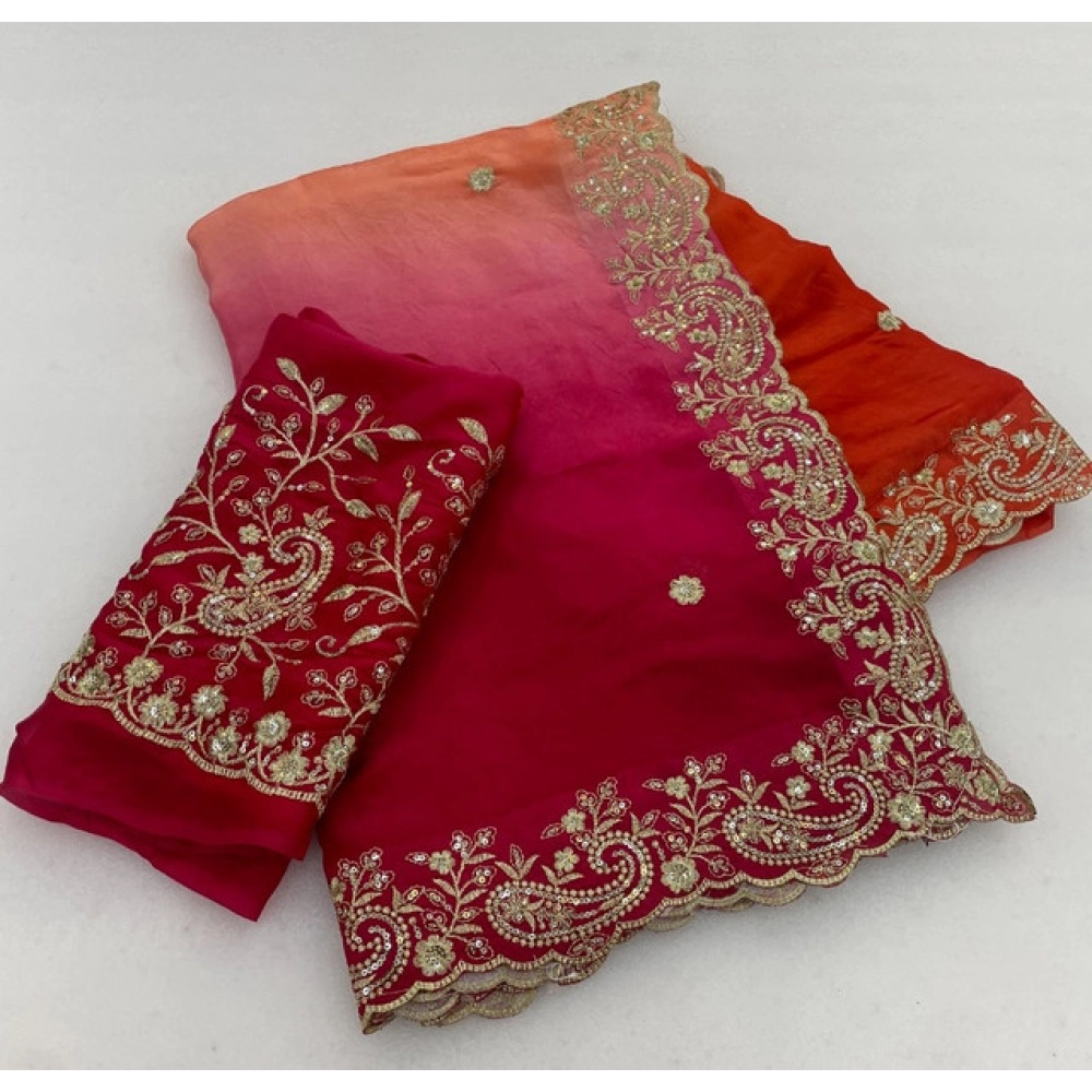 Women's Satin Embellished Saree with Blouse – Multicolor