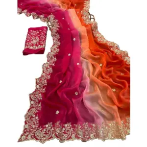 Women's Satin Embellished Saree with Blouse – Multicolor