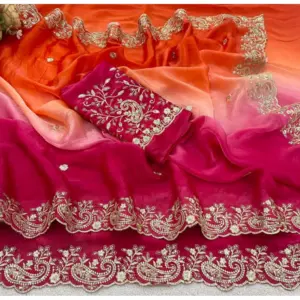 Women's Satin Embellished Saree with Blouse – Multicolor