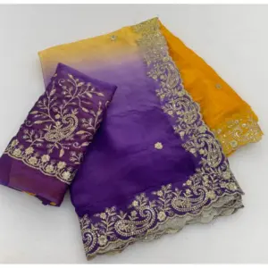 Women's Satin Embellished Saree with Blouse – Multicolor