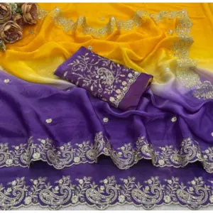 Women's Satin Embellished Saree with Blouse – Multicolor