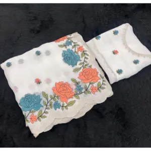 Women's Chiffon Embroidered Saree with Blouse – White
