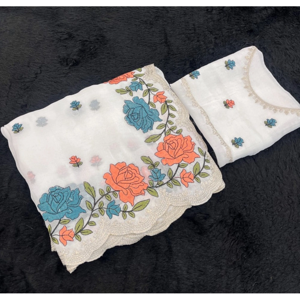 Women's Chiffon Embroidered Saree with Blouse – White