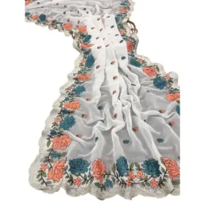 Women's Chiffon Embroidered Saree with Blouse – White