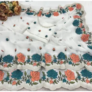 Women's Chiffon Embroidered Saree with Blouse – White