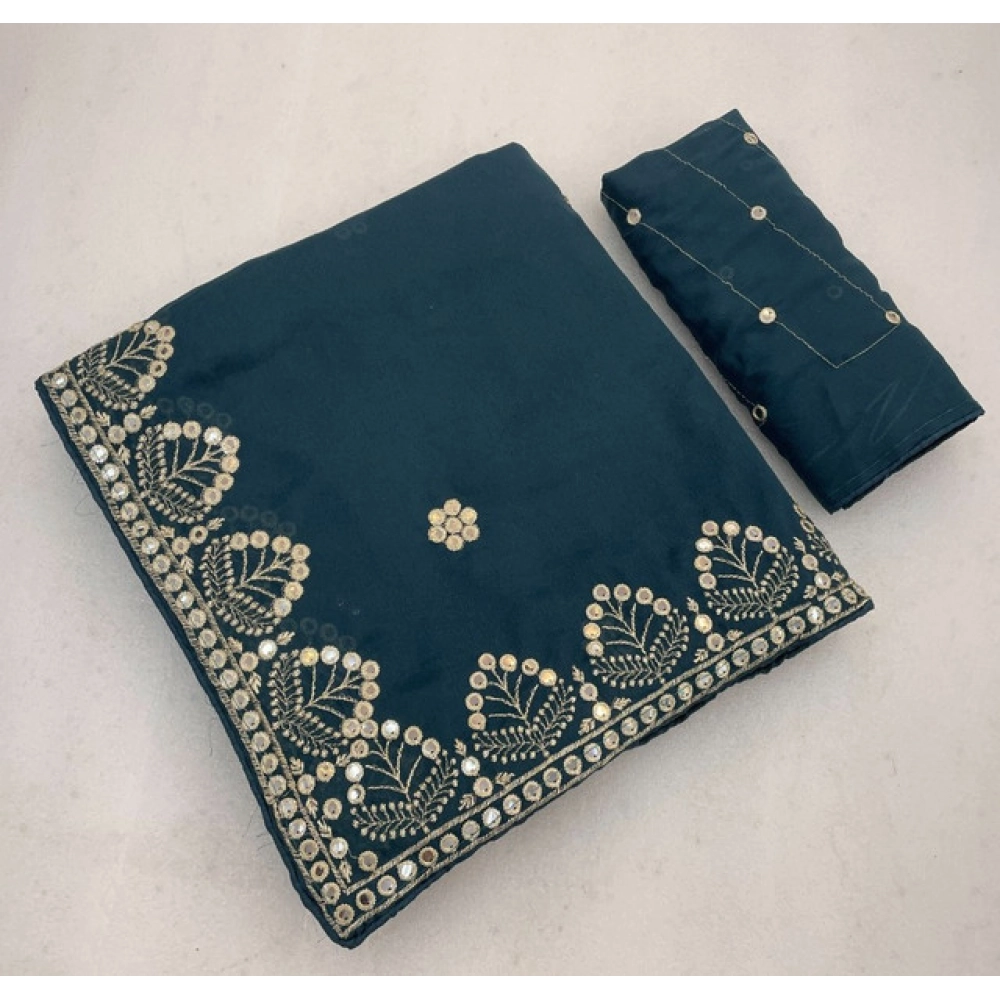 Women's Georgette Embellished Saree with Blouse – Blue