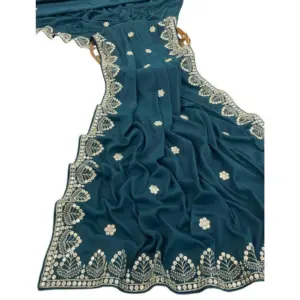 Women's Georgette Embellished Saree with Blouse – Blue